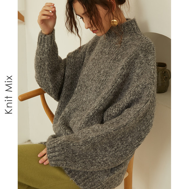 KnitMix sweater women's gray half-high collar loose lazy wind pullover thickened 2023 autumn and winter outerwear knitted sweater