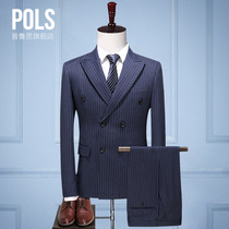 Mens business suit three-piece British style Korean version slim stripe double-breasted groom dress Youth tide suit