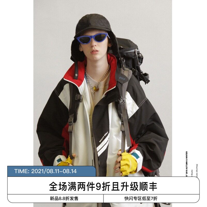 UNVESNO RETRO OLD CONTRAST STITCHING SPORTS STAND-UP COLLAR THICKENED COTTON COAT JACKET OVERSIZE