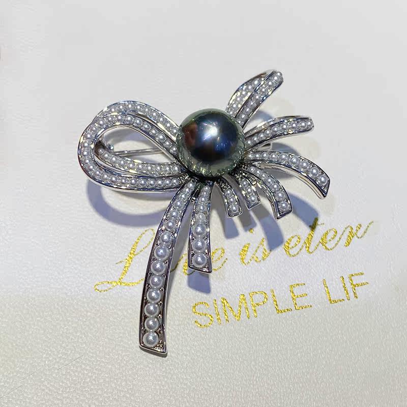 天然大溪地黑珍珠胸花高檔氣質款個性配飾禮物別針金鑲嵌珍珠胸針