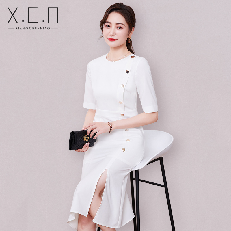 Xiang Chunbird 2023 Summer new Korean version Career one-piece dress Skirt Woman White Collar body Hip Lotus Leaf Side Skirt 