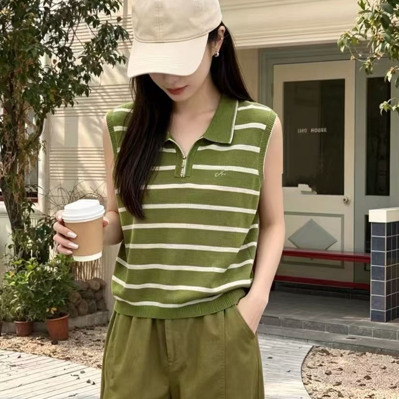 Sleeveless Striped Polo Collar Knit Vest for Women, Summer Thin Breathable Slim-Fit Outerwear Tank Top Trendy