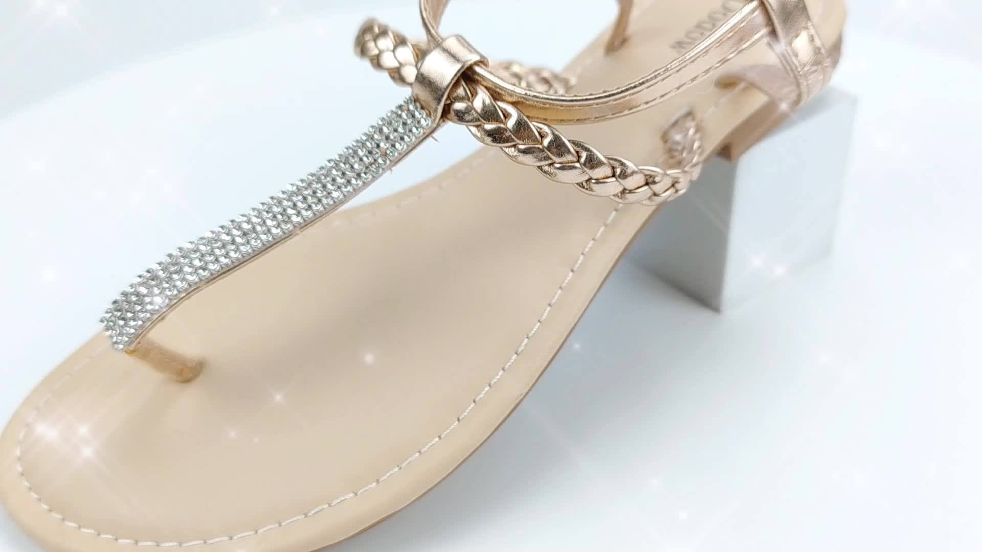 Womens T Strap Sandals Fashion Rhinestone Flat Sandals