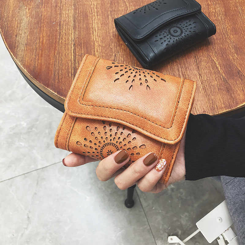 2023 new wave Korean version of small wallet female short section Ins retro 3 folding Mori system hollowed-out student female zero money clip-Taobao