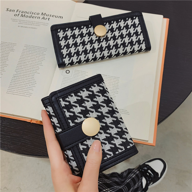 New Chidori tartan canvas small wallet women's short contrast folding coin clip multi-card slot buckle long clutch bag