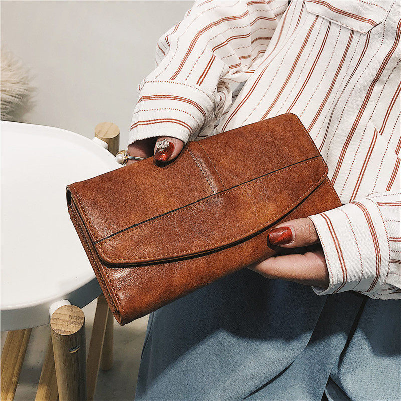 2021 new leather clip female long version hand grab bag retro buckle oil lapi clip large capacity multifunction female money clip tide