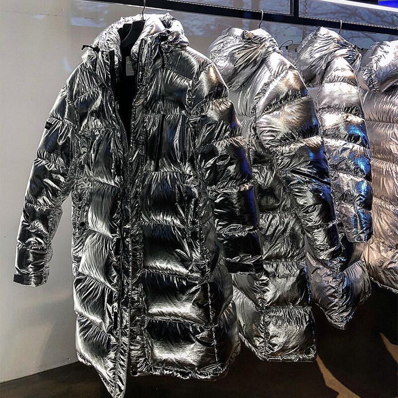 2025 Winter New Over-The-Knee Space Silver Glossy Loose Thickened down Jacket for Men, Mid-Length Hooded Coat, Trendy 2025 Winter New Over-The-Knee Space Silver Glossy Loose Thickened down Jacket for Men, Mid-Length Hooded Coat, Trendy