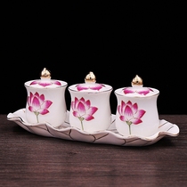Ceramic Holy Water Cup Purified Water Cup Embossed Lotus Offering Cup Lotus Cup for Buddha Great Compassion Water Cup Three Cups for Buddha Dharma and Sangha