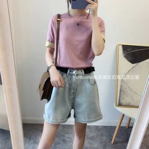 ins super fire super thin leg Một từ cao eo quần rộng ống rộng mỏng denim giản dị quần short denim nóng bỏng nữ Xia Xin - Quần jean