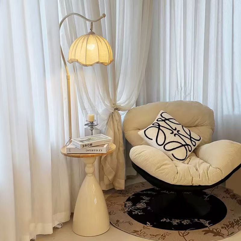Trendy Living Room Sofa Side Cream White Floor Lamp with Coffee Table, Ambient Lighting with Table, Bedroom Bedside Integrated Standing Floor Lamp