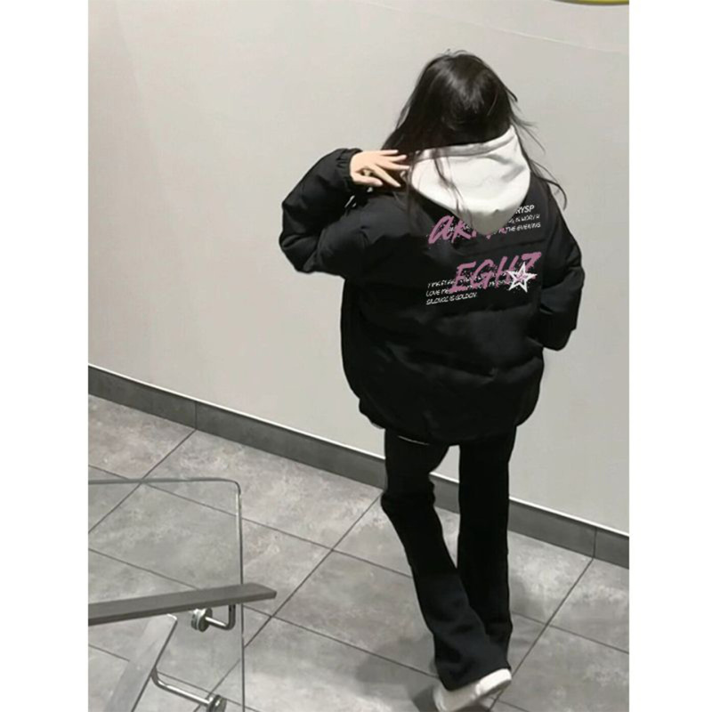 Black Cotton-Padded Jacket for Women, Winter Loose-Fitting Warm Cotton Coat with Stand Collar, New Stylish Thickened Puffer Jacket