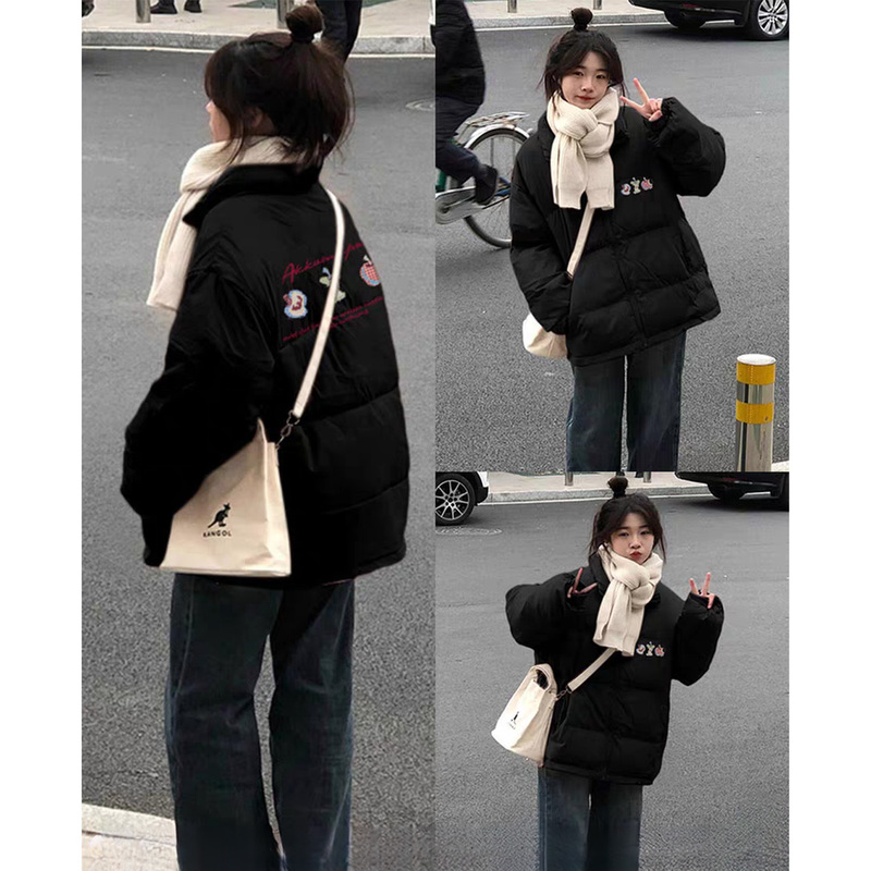 Black New Style Women's Autumn and Winter Loose Thickened down Cotton Jacket for Middle and High School Students Trendy Brand Cotton Coat
