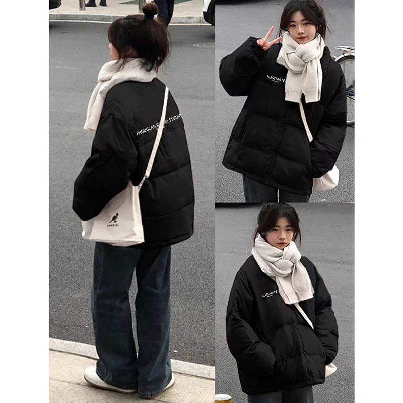 American-Style Lettered Stand-Collar down Cotton Jacket for Women, Loose Fit for Petite Figures, Black, Suitable for Middle and High School Students, Autumn and Winter Cotton Coat