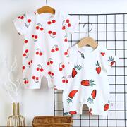 Mùa hè bé jumpsuit ngắn tay nam bé bông mỏng ròng đỏ ha áo cô gái sơ sinh dễ thương pajama chiếc váy mùa hè