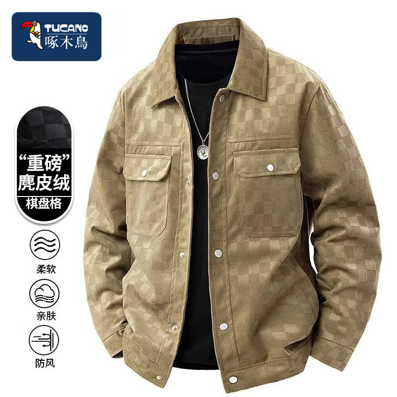 Tucano/Woodpecker Heavy-Duty Suede Checkerboard Jacket for Men, Spring, Autumn and Winter Thickened Lapel Jacket Top