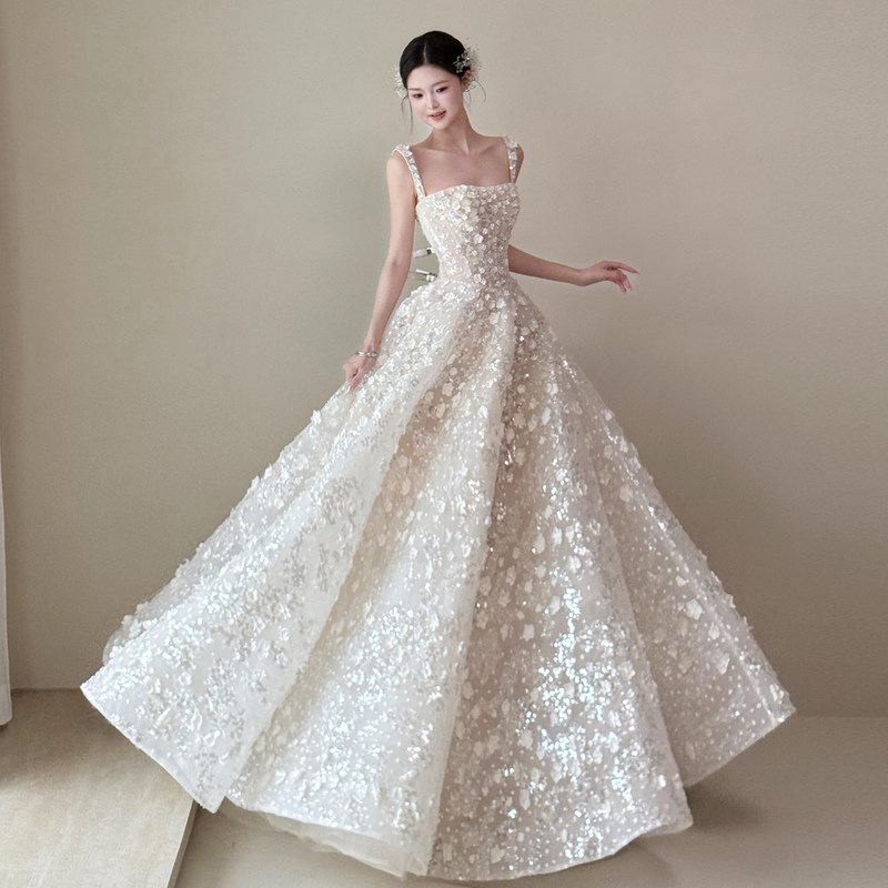 French-Style Engagement Dress with Straps, Light Wedding Gown, Bride's Heavy Floral Embellished Gown, Ultra-Fairy Birthday Adult Evening Dress French-Style Engagement Dress with Straps, Light Wedding Gown, Bride's Heavy Floral Embellished Gown, Ultra-Fairy Birthday Adult Evening Dress