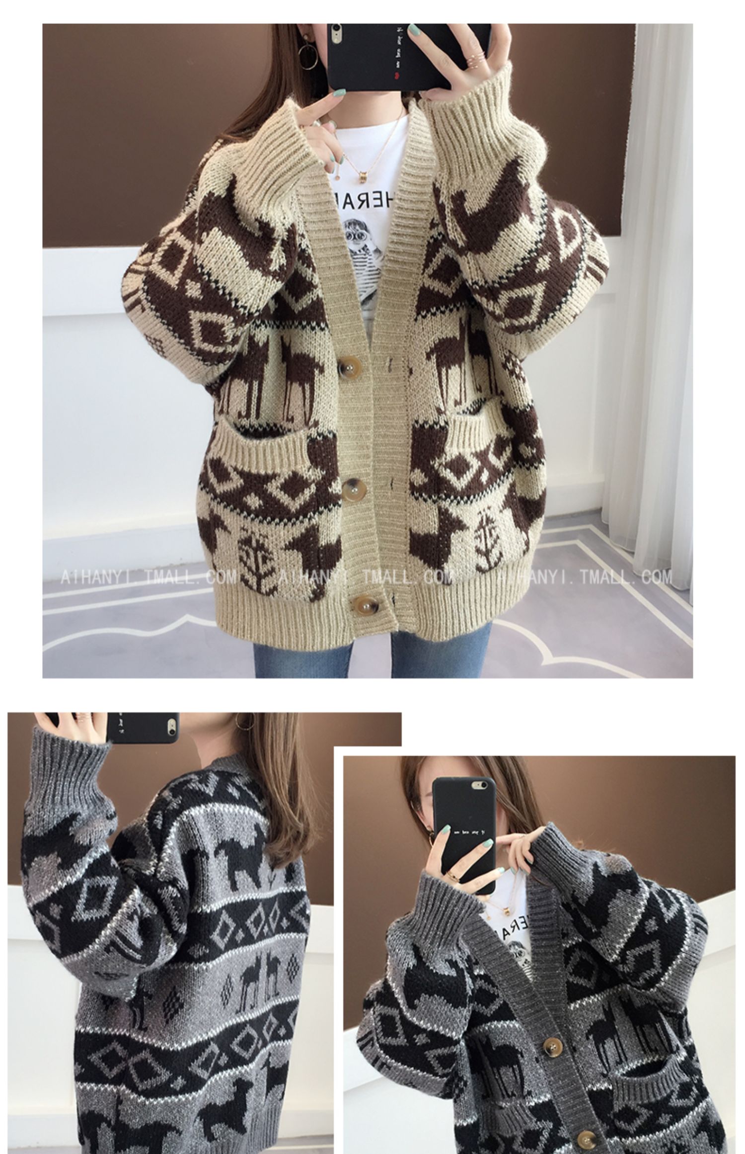 Mùa xuân 2019 mới Hàn Quốc phối màu áo len jacquard bỏ túi áo len giản dị áo len nữ - Áo len cổ chữ V áo len đẹp