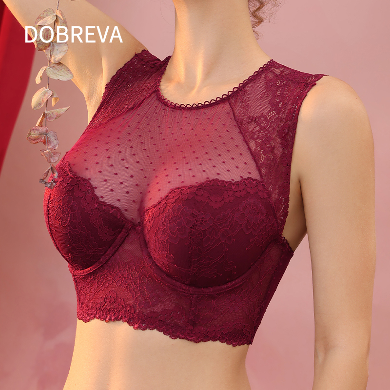 Dobreva Red High-Neck French Lace Lingerie for Women with Large Busts, Slimming Backless Bra