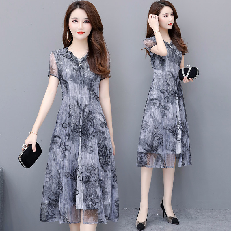 Show thin summer age-reducing dress, mother's style, middle-aged temperament skirt