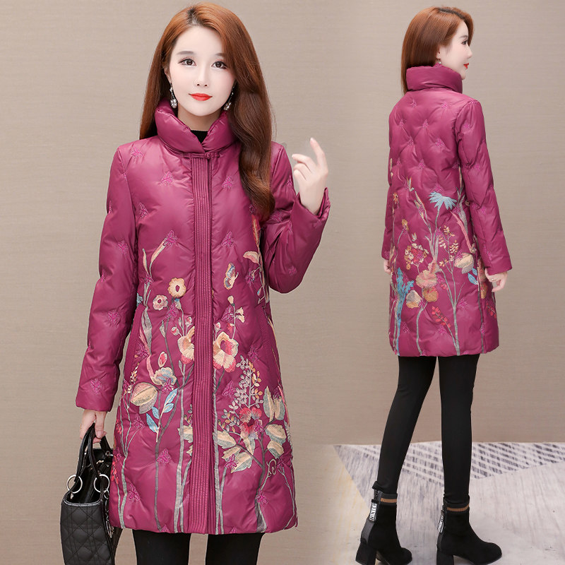 Down jacket women's 2019 new winter Korean version loose and fashionable mid-length version printed warm white duck down jacket - Taobao