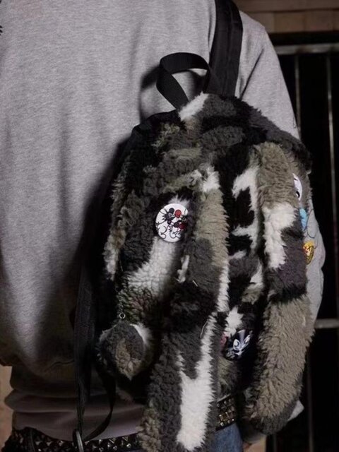 Retro Millennium Y2K Rabbit Ear Camouflage Hip-Hop Plush American Campus Backpack Niche Design Unisex