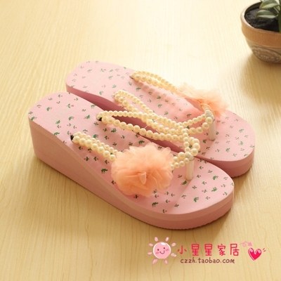 Flower Pearl Slippers Summer Women's Beach Slippers Thick Sole Wedge Flip-flops Foam Sole Slippers