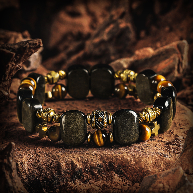 Guxi【Desperate Fall】Gold Obsidian Bracelet Men's Tiger Eye Stone Bracelet Personalized Handmade Vintage Birthday Gift