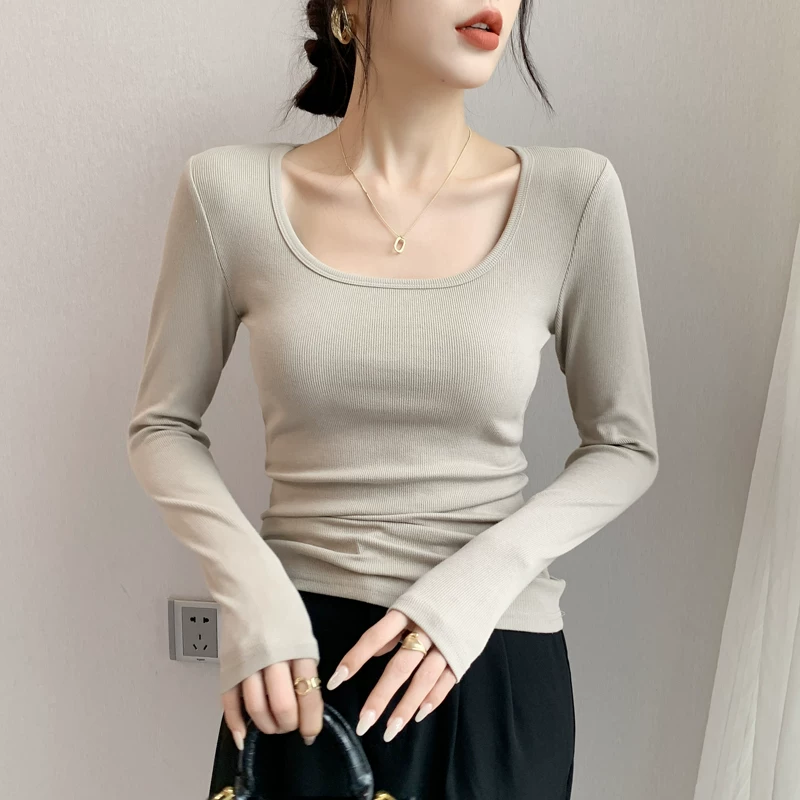 Базовый облегающий телу деми-сезон белый длинный рукав, slim fit, квадратный вырез