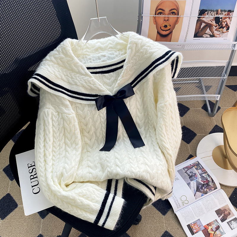 Navy Collar Bow Twist Sweater for Women, Autumn and Winter New Style, Korean Style Loose Design, Age-Reducing College Style Knitted Sweater