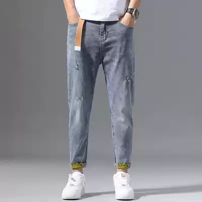 Hong Kong Tide Brand 2020 spring high-end broken jeans men's straight loose Korean trend Joker denim trousers