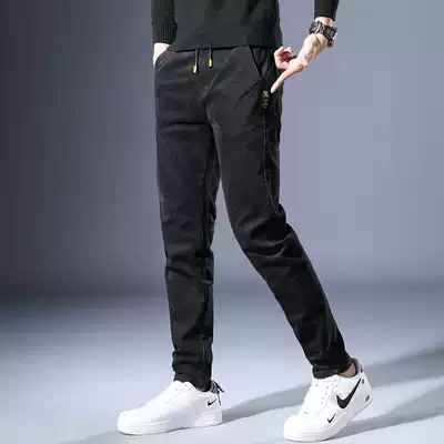Hong Kong high-end jeans men's Tide brand autumn and winter slim feet versatile black plus velvet casual long pants men