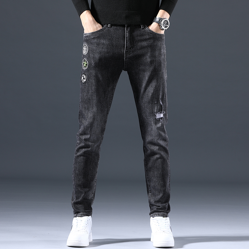 Hong Kong high-end jeans tide in autumn mens small foot straight tube men casual trend hundred and long pants men's clothing