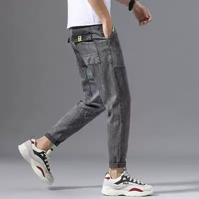 Hong Kong trendy brand gray high-end jeans men's slim small feet Korean version of the trend wild Harlan denim long pants