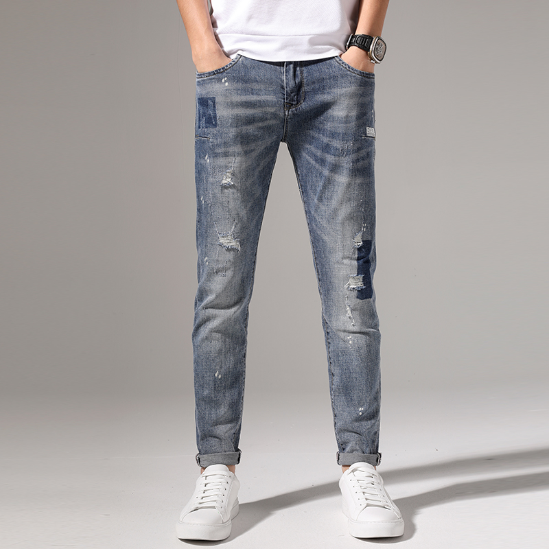 Hong Kong Tide Brand High-end Jeans Men's 2020 Spring Trend Breaking Holes Slim Small Feet Stretch Casual Long Pants