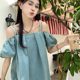 Plus size summer fat girl mm loose design off-shoulder suspenders one-shoulder square neck short-sleeved denim dress ສໍາລັບແມ່ຍິງ