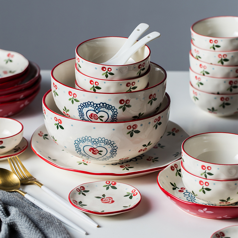 Hufu Bowls Dish Suit Home 2 People Minimalist Eurostyle Cute Cherry 4 People Bowls Chopsticks Tray Combined Cutlery Porcelain Suit