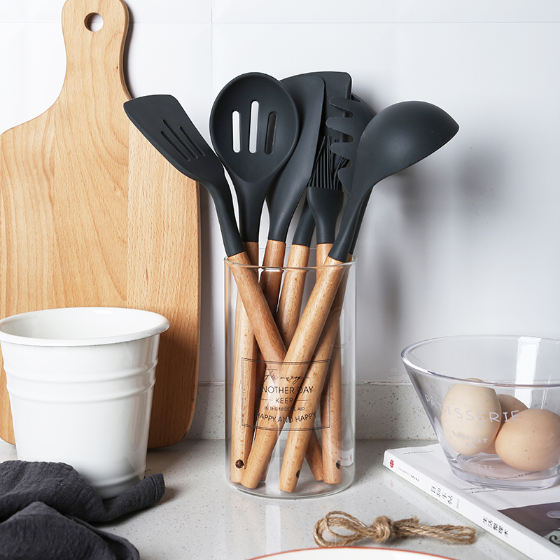 Hufu Dark Grey Beech Wood Not Stained With Pan Silicone Shovel Suit Creative Home Pan Spade Soup Spoon Drain Spoons Baking Scraper