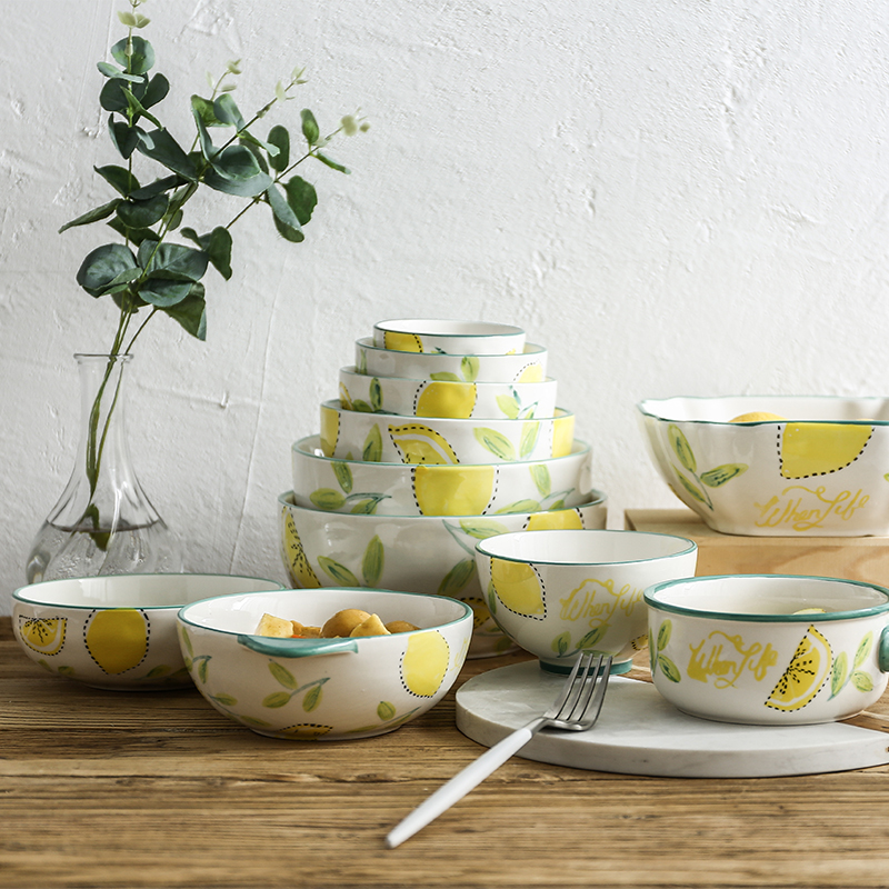 Hufu Day Style Cute Creative Bowl Hand-painted Lemon Rice Bowl Soup Bowl with Blister Noodles Bowl Salad Bowl Home ceramic Bowl Suit