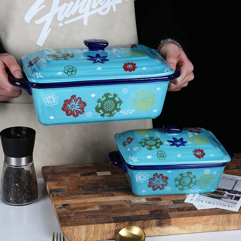 Hufu Candy Ribbon Cover Large Capacity Soup Pan Handle Double Ear Rectangular Baking Tray Oven Home Baking Tool