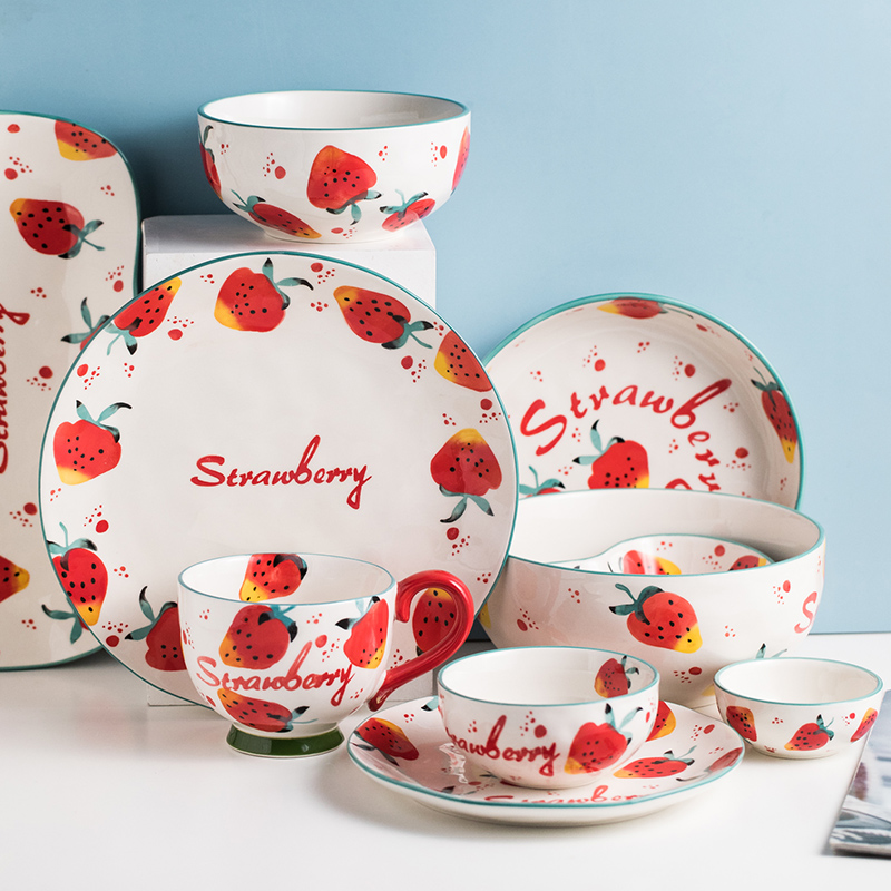 Hand Painted Cute Strawberry Glazed Down Color Cutlery Teen Mesh Red Challapan Handle Bowl Baking Baking Dish Toasted Bowls Sushi Pan