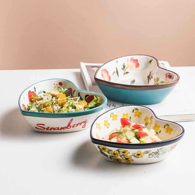 Hufu Hand Painted Adorable Peach Hearts Bowl Baking Cheese Ovens Baking Bowls Baked Bowls Creative Fruit Salad Bowl Microwave Breakfast Bowl