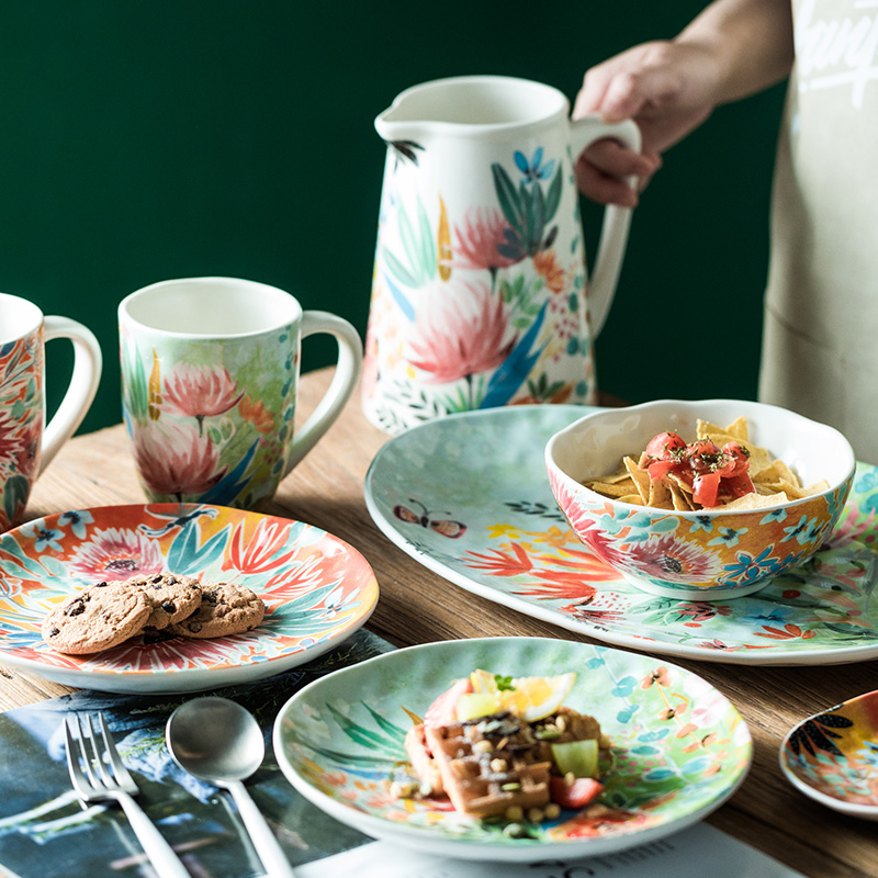 Export hand-painted ceramic tableware household plate plate disc rice bowl cold kettle water cup flower bowl plate set set