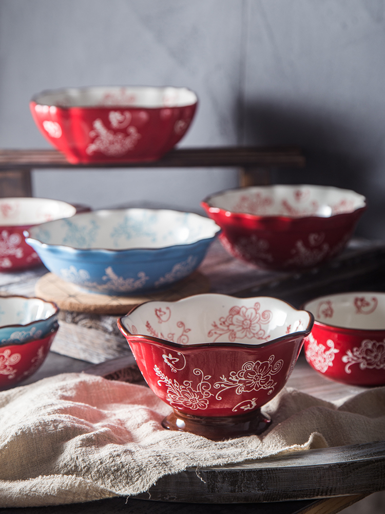 Huafu hand painted Japanese red ceramic household rice bowl Handle bowl Binaural salad bowl Large capacity vegetable bowl set