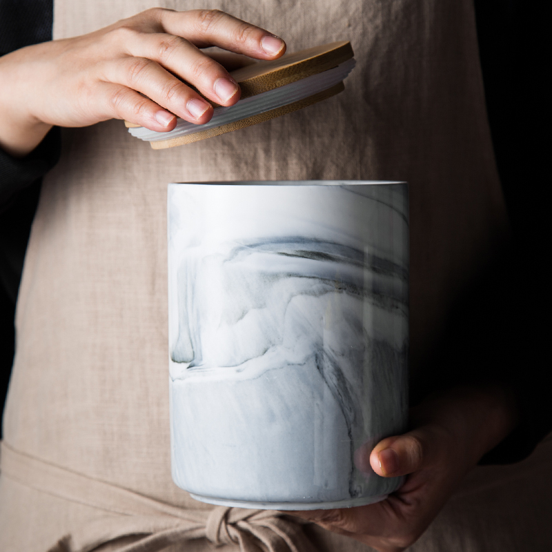 Hufu Nordic minimalist marble veins with lid ceramic tea leaf jars household large food storage tank sealed jars