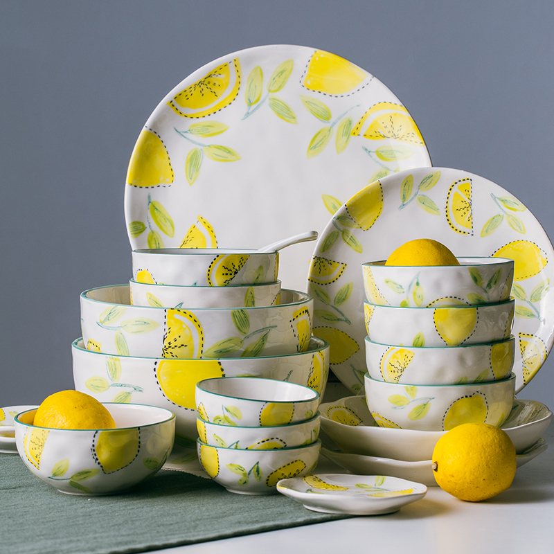 Hufu Chinese Dishes Home Suit 4 People Small Fresh Lemon Brief About Eating Bowls Chopsticks Tray Cutlery Porcelain Combination