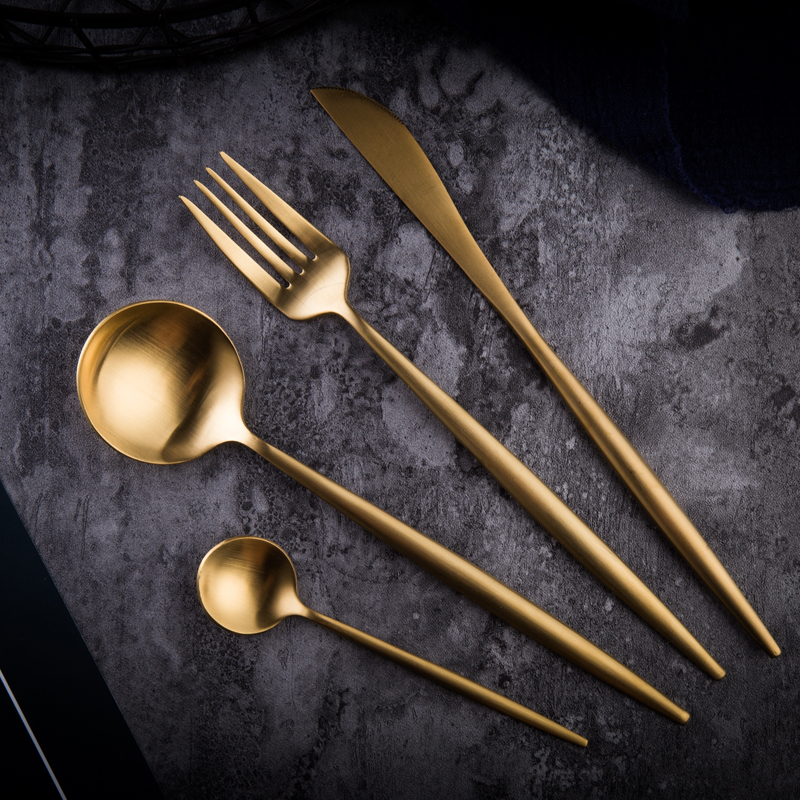 Huafu creative golden Portuguese Western tableware knife, fork and spoon three-piece set of stainless steel dessert knife, fork and spoon