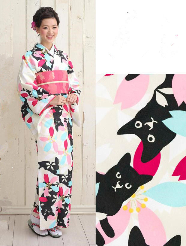 Hk 日本女士和服浴衣可愛貓咪和服聚酯纖維印花旅游復古寫真改良 露天拍賣