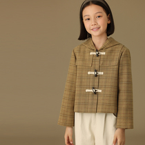 Haqi childrens clothing autumn and winter childrens tops retro plaid college casual hooded short woolen coat boys and girls
