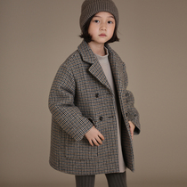 Hadtooth childrens clothing winter new childrens classic retro suit collar coat plaid cotton double-breasted woolen jacket