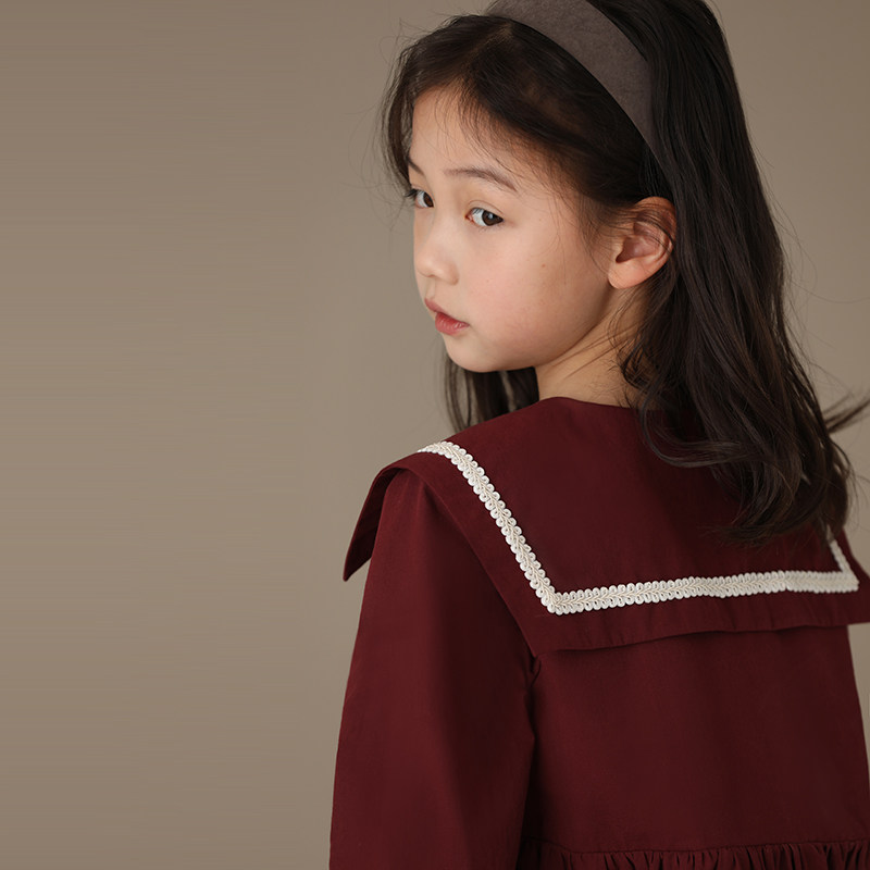 Hateeth Boy Clothing Summer New Pint Girl Child Parenting navy collar pure cotton pro-skin lace long sleeve foreign dress A word dress